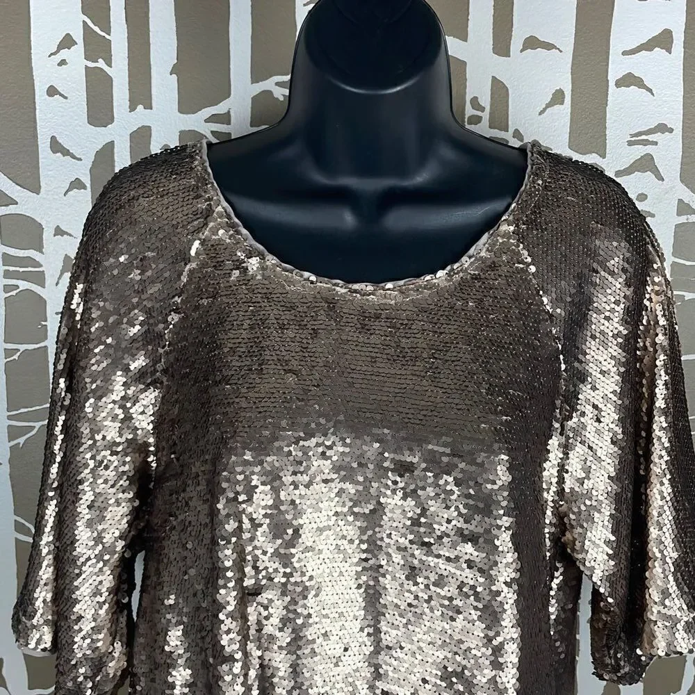 Skies Are Blue Gold Paillette Sequin Half Sleeve Top sz M - Picture 4 of 8